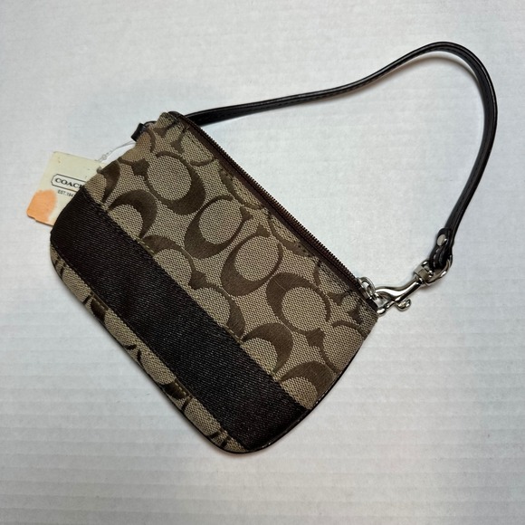 NWT Coach Signature Jacquard Wristlet Brown Tan Monogram Leather Trim Sm Pouch